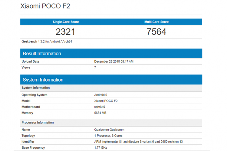 Bocoran skor benchmark Xiaomi POCO F2