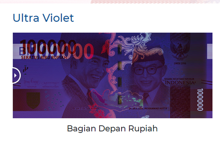 Bagian depan uang Rupiah pecahan Rp 100.000 saat disinari ultraviolet.