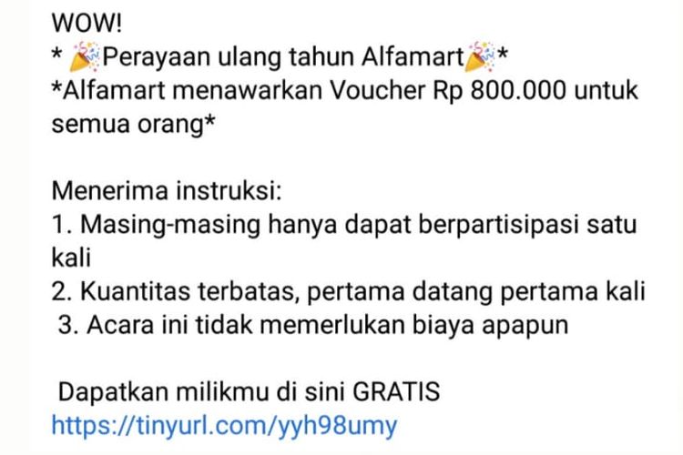 Status Facebook hoaks tentang Alfamart bagi-bagi voucher senilai Rp 800.000.
