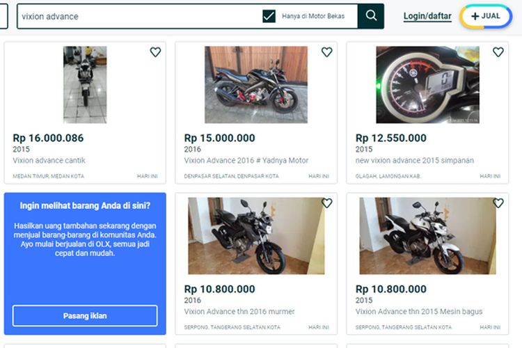 Harga motor bekas Yamaha Vixion Advance di salah satu situs jual beli online