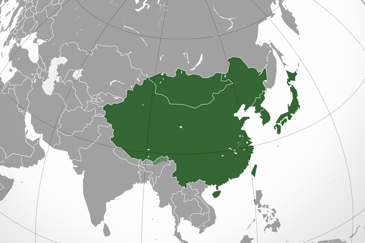 Penggambaran geografis Asia Timur, dalam proyeksi ortografis.