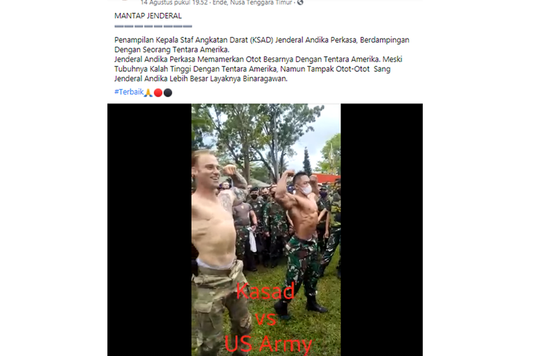 Tangkapan layar unggahan yang menyebutkan Kepala Staf Angkatan Darat (KSAD) Jenderal Andika Perkasa memamerkan otot besarnya di hadapan tentara AS.