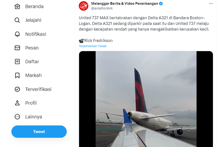 Tangkapan layar twit video yang merekam dua pesawat bertabrakan di Bandara Logan Boston.