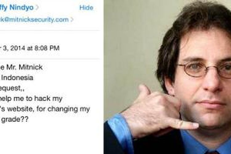 Screenshot e-mail mahasiswa Indonesia untuk hacker legendari Kevin Mitnick (kanan).