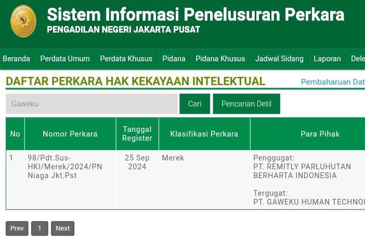 Tangkapan layar website resmi PN Jakarta Pusat