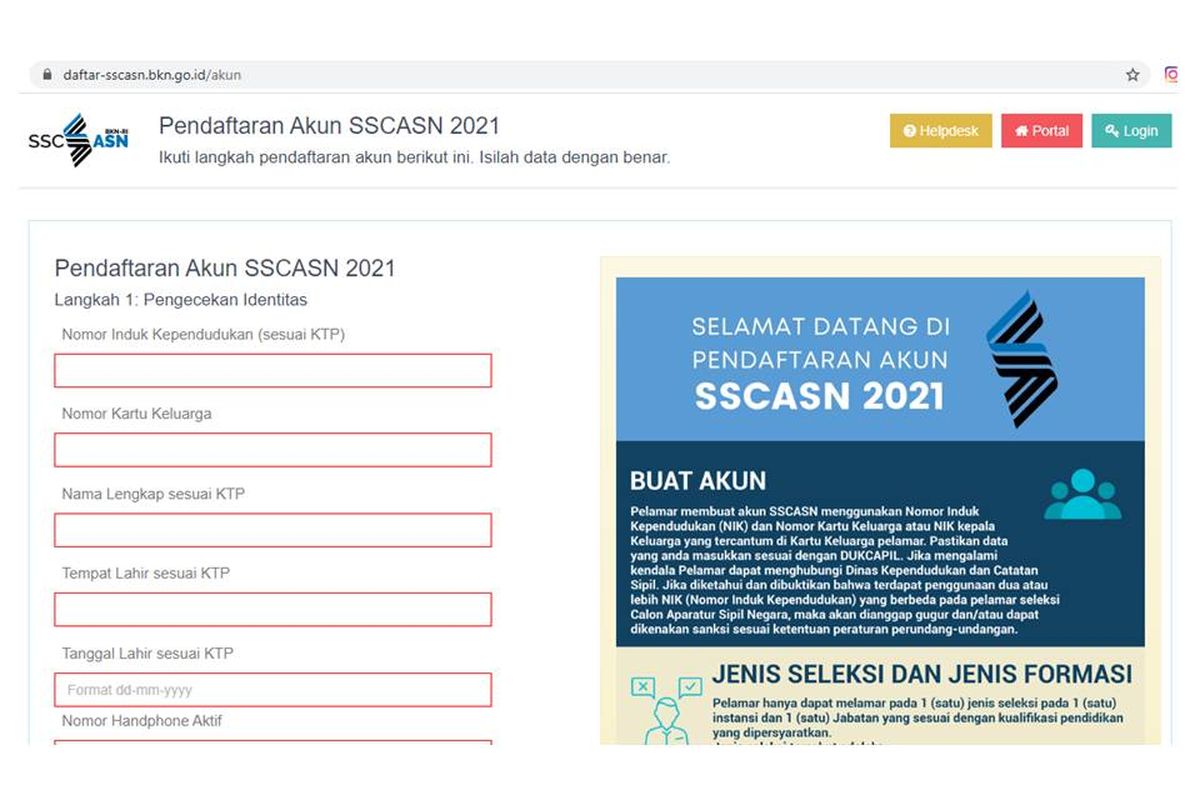 Tangkapan layar website SSCASN, cara membuat akun SSCASN