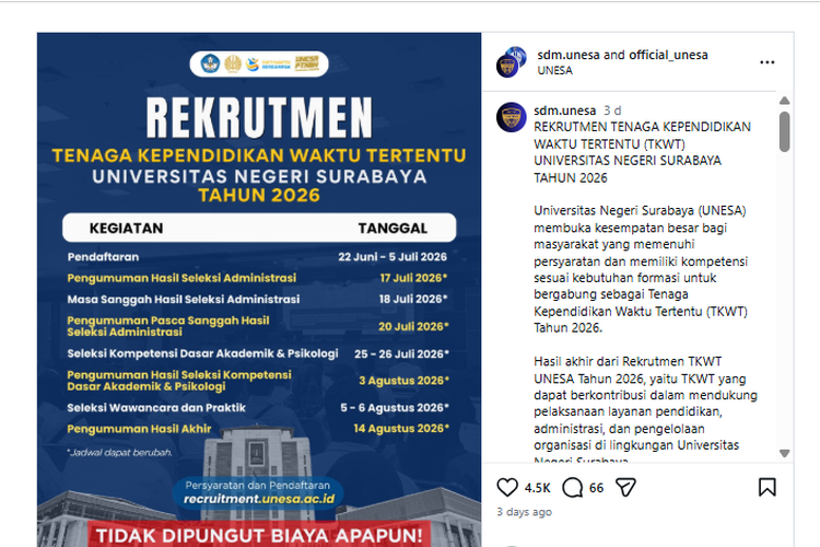 Loker Tendik Waktu Tertentu di Unesa, Pendaftaran Dibuka 22 Juni 2026