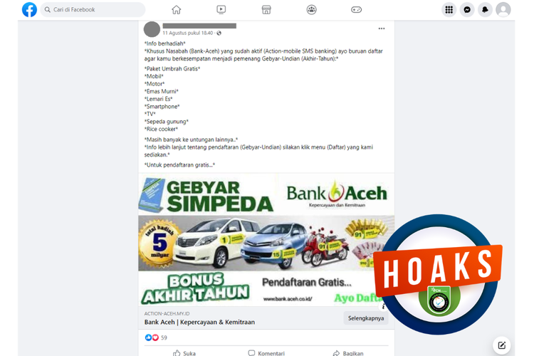 Tangkapan layar unggahan dengan narasi hoaks di sebuah akun Facebook, Jumat (11/8/2023), soal tautan undian berhadiah bagi nasabah Bank Aceh.