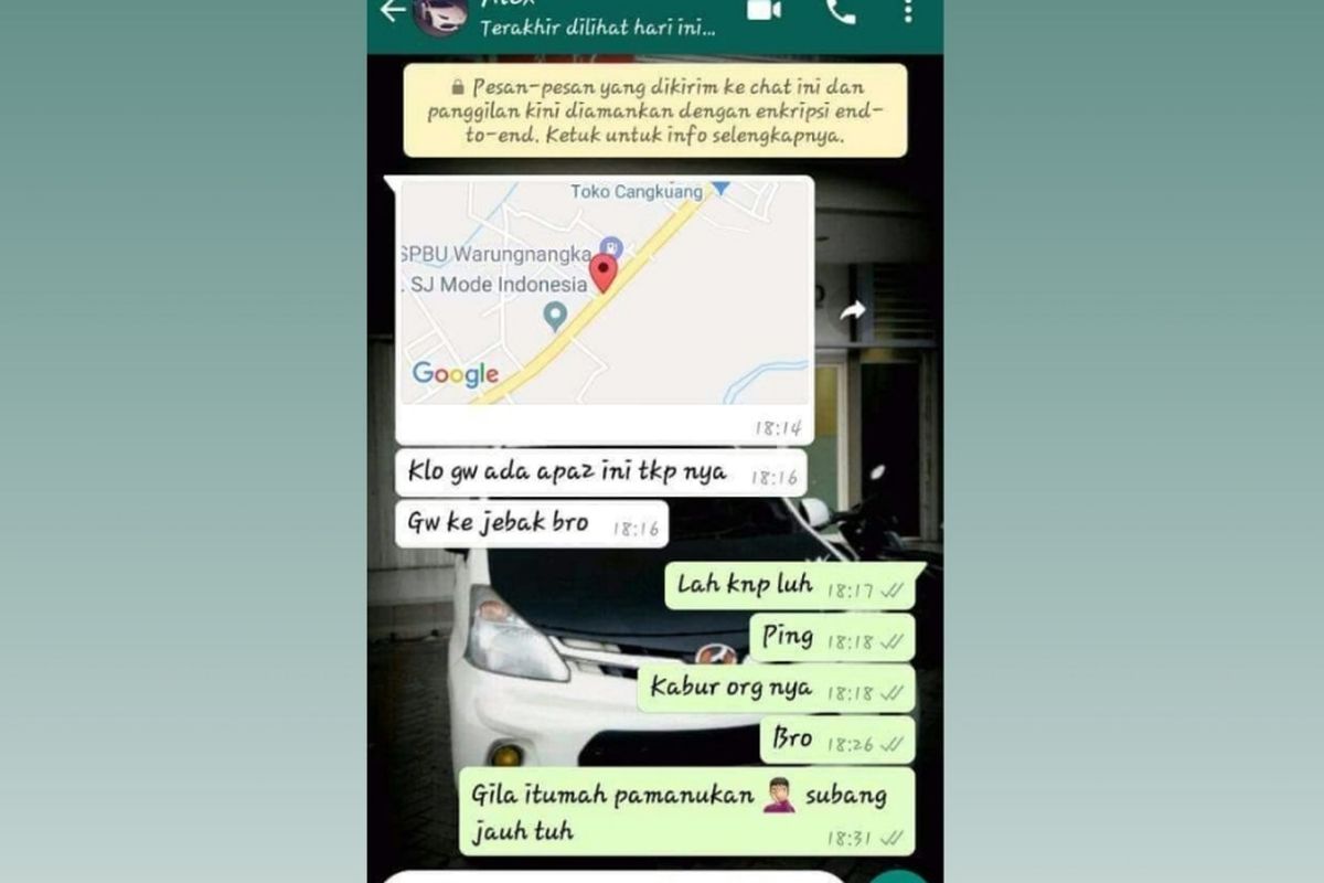 Screen shot percakapan WhatsApp Soeharto Sopir taksi online yang ditemukan tewas di Sumedang, Jawa Barat kepada kerabatnya, Rabu (01/08/2018).