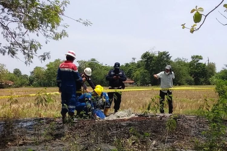 Petugas PT Pertamina saat meninjau semburan gas liar di Blok Cilumbu, Desa Padegangan, Kecamatan Tukdana, Kabupaten Indramayu, Jawa Barat.