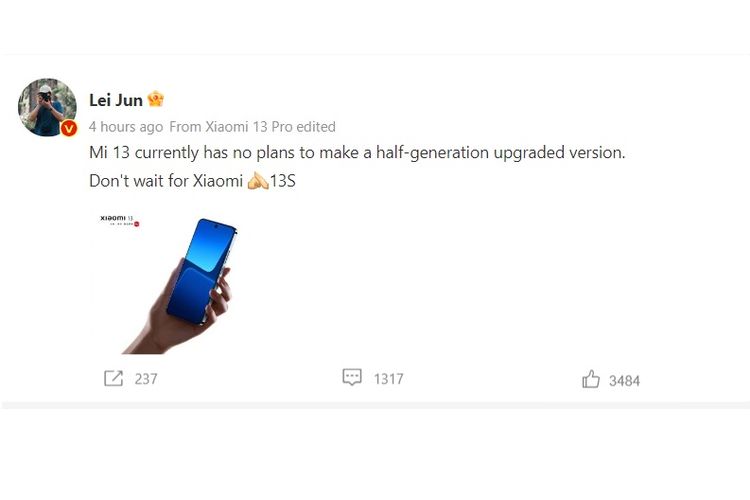 Pernyataan Lei Jun soal absennya Xiaomi 13S, di jejaring sosial Weibo.