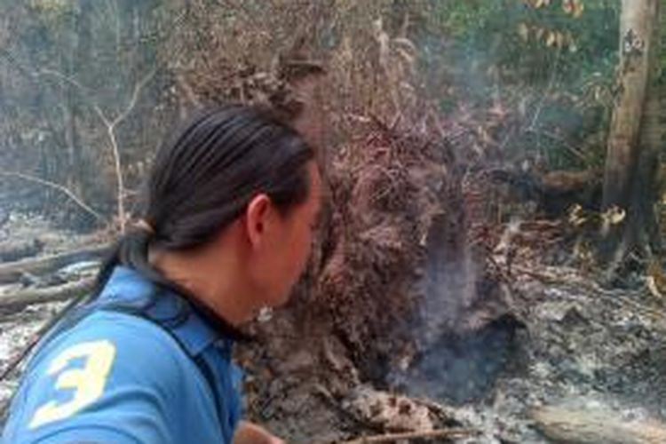 Lahan terbakar di Kabupaten Kapuas, 110 Km dari Palangkaraya, Kalteng, ini hanya hamparan  hitam akibat hangus dimakan api. 