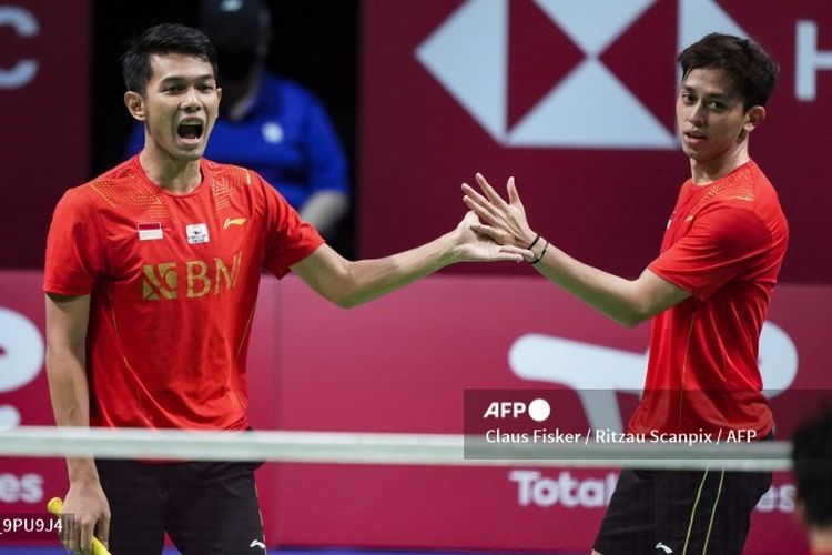 Fajar Alfian/Muhammad Rian Ardianto saat tampil di final Piala Thomas 2020 di Ceres Arena, Aarhus, Denmark, Minggu (17/10/2021).