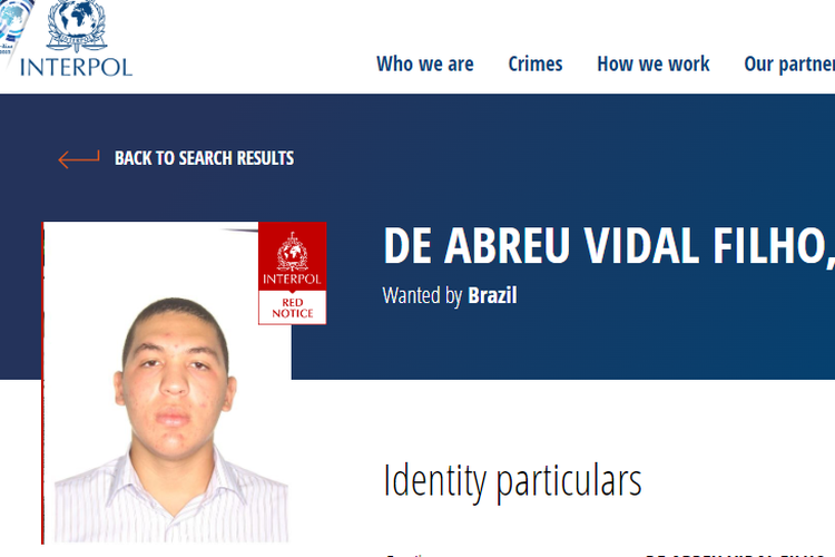 Tangkapan layar situs Interpol Red Notice yang memuat informasi buronan Antonio Jose