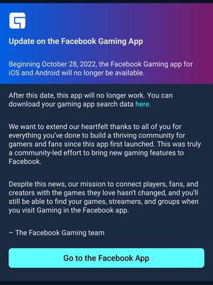 Pengumuman penutupan aplikasi Facebook Gaming.