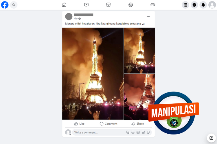 Tangkapan layar konten manipulatif di sebuah akun Facebook, Selasa (23/1/2024), soal Menara Eiffel kebakaran.