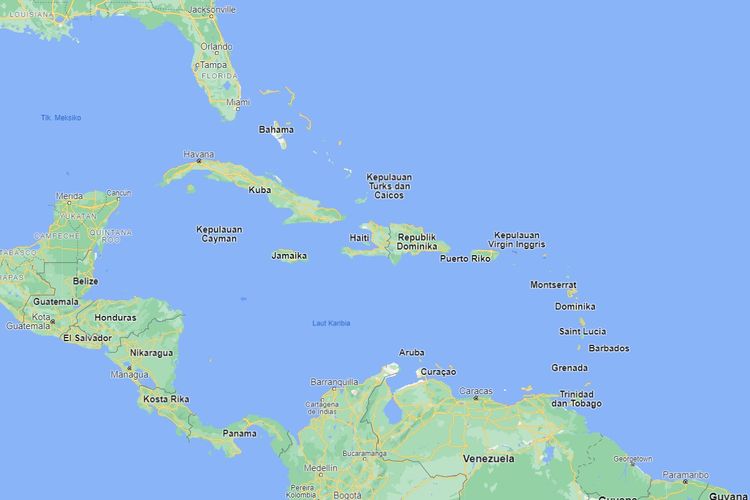 Tangkapan layar dari Google Maps yang menunjukkan kawasan Karibia.