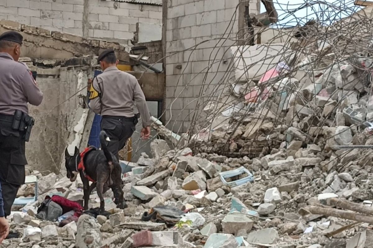 Pihak kepolisian kembali mengerahkan anjing K9 untuk mencari korban kebakaran Depo Pertamina Plumpang, Kelurahan Rawa Badak Selatan, Kecamatan Koja, Jakarta Utara yang belum ditemukan di reruntuhan rumah, Minggu (5/3/2023).