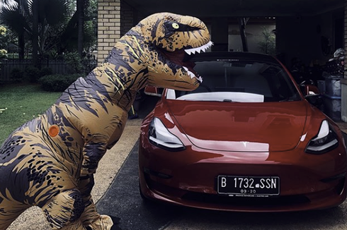 Video Viral T-Rex Belanja ke Mall Pakai Tesla Model 3