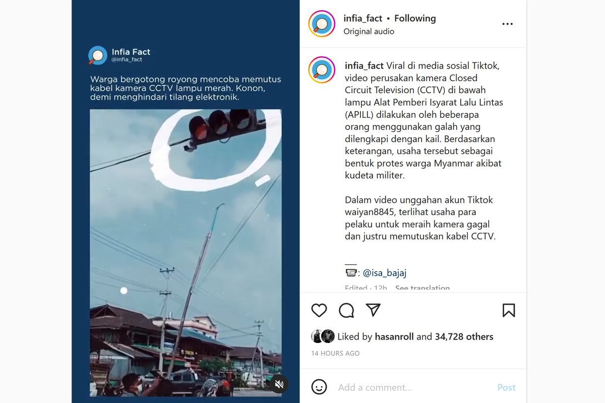 Video viral di media sosial memperlihatkan warga Myanmar melakukan perusakan kamera Closed Circuit Television (CCTV) di bawah lampu Alat Pemberi Isyarat Lalu Lintas (APILL).
