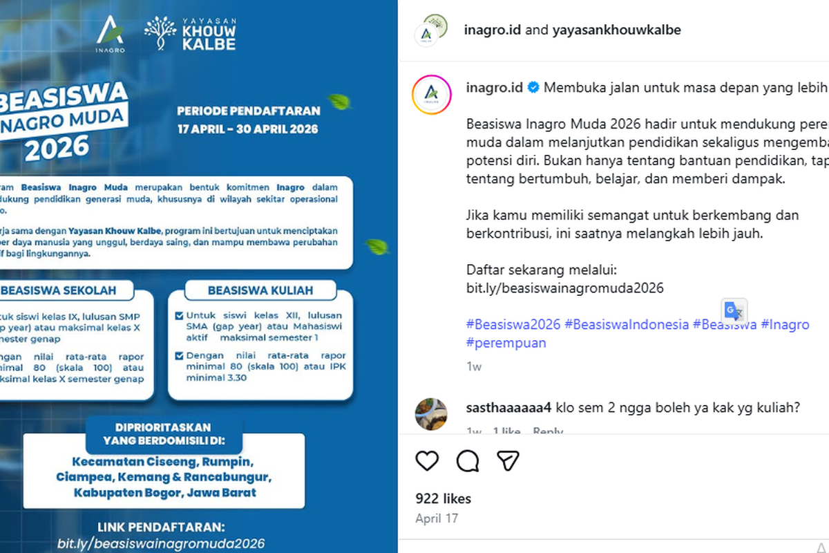 Beasiswa Inagro Muda 2026 untuk Perempuan di Kabupaten, Daftar Hingga 30 April