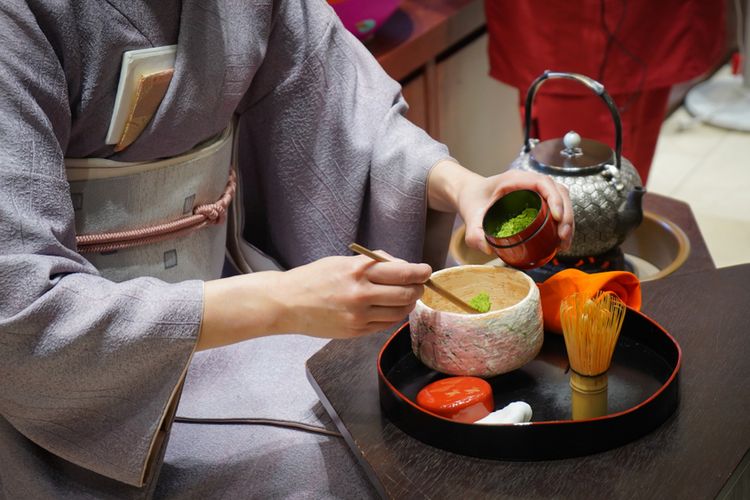 Ilustrasi chanoyu, upacara minum teh Jepang.
