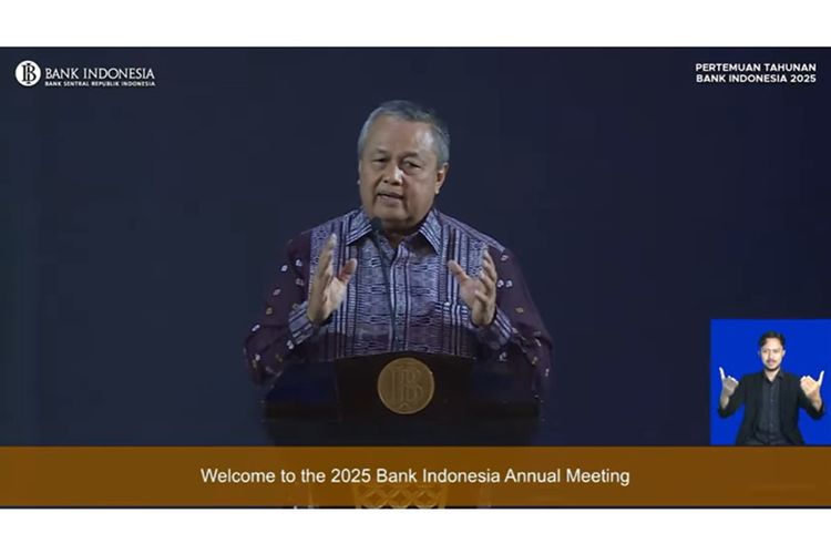 Gubernur Bank Indonesia Perry Warjiyo saat memberikan sambutan di Pertemuan Tahunan Bank Indonesia (PTBI) 2025 Jumat (28/11/2025). 