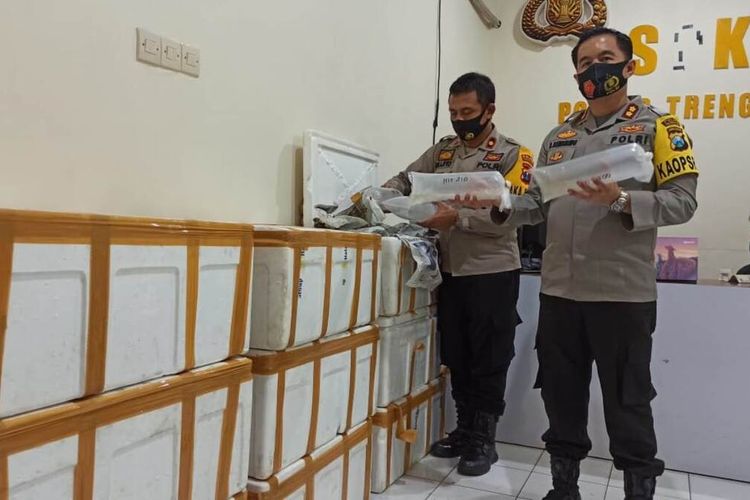 Kapolres Trenggalek Jawa Timur, menunjukkan barang bukti benih lobster yang diduga hendak diselundupkan (09/08/2020).