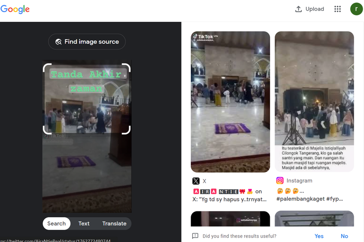 Tangkapan layar hasil penelusuran Google Lens mengarahkan ke unggahan akun Instagram @palembangkaget, 2 Maret 2024, soal kegatan teater santri Pondok Pesantren Al Istiqlaliyah Cilongok, Tangerang, Banten.
