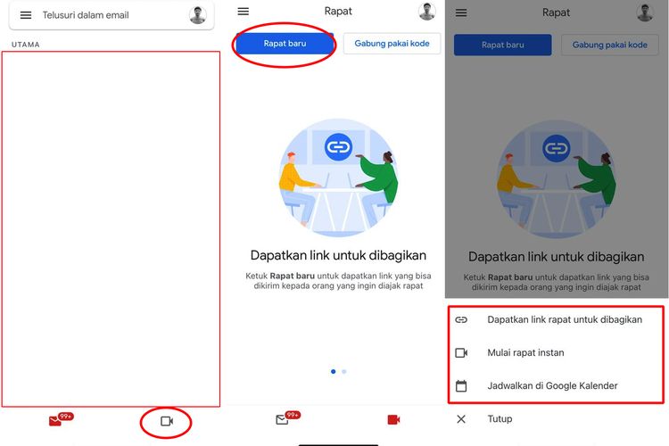 Ilustrasi cara mengakses Gmeet via aplikasi Gmail di HP