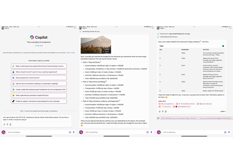 Tangkapan layar (screenshot) tampilan aplikasi Microsoft Copilot di perangkat iPad. Asisten AI dapat menjawab pertanyaan dengan akurat dan lengkap dalam durasi yang terbilang singkat. Gambar ini juga ingin menunjukkan bahwa Microsoft Copilot dapat membuat rencana perjalanan yang cukup lengkap