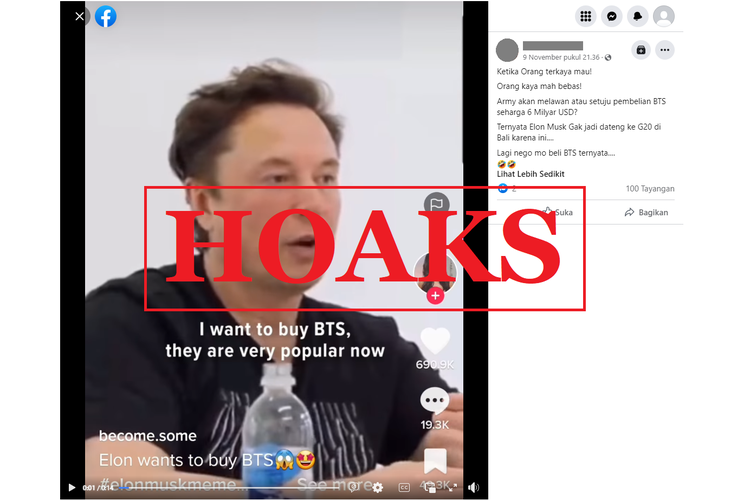 Tangkapan layar unggahan dengan narasi hoaks di sebuah akun Facebook, Rabu (9/11/2022), soal video pernyataan Elon Musk akan membeli BTS.