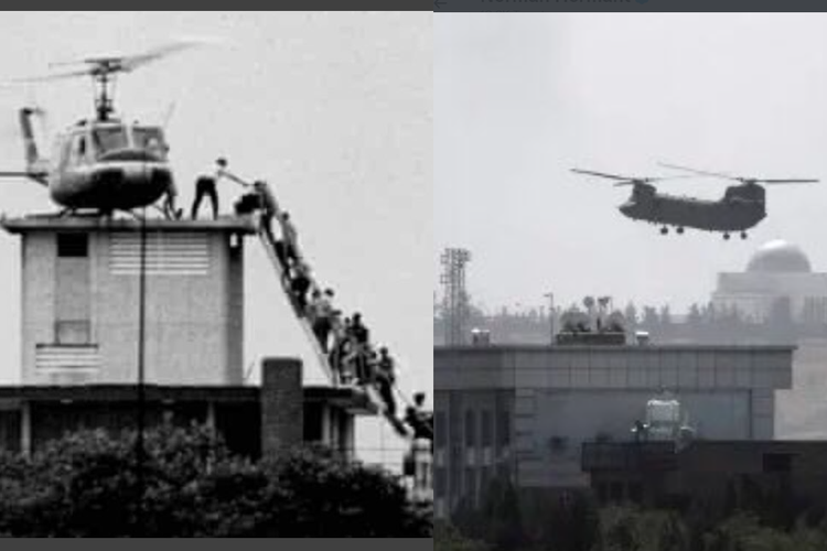 Orang-orang  berebut masuk ke dalam helikopter di atas atap di Saigon, pada akhir Perang Vietnam, 1975 (kiri) dan helikopter yang mengevakuasi orang-orang dari kedutaan AS di Kabul (kanan).

