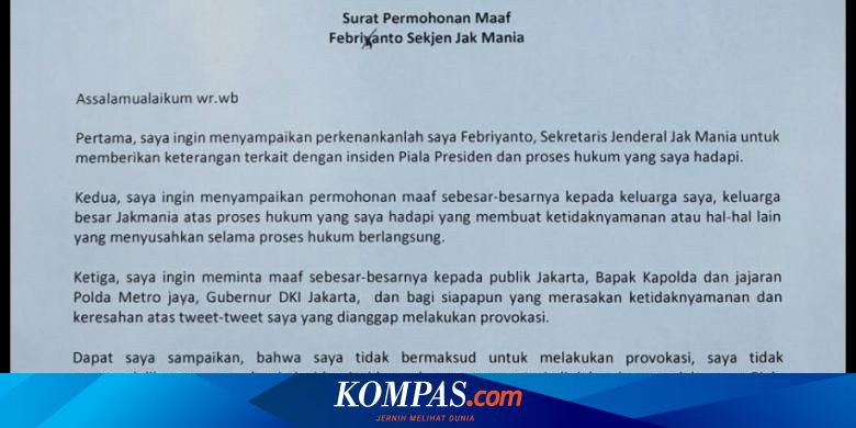 Sekjen The Jakmania Tulis Surat Permohonan Maaf