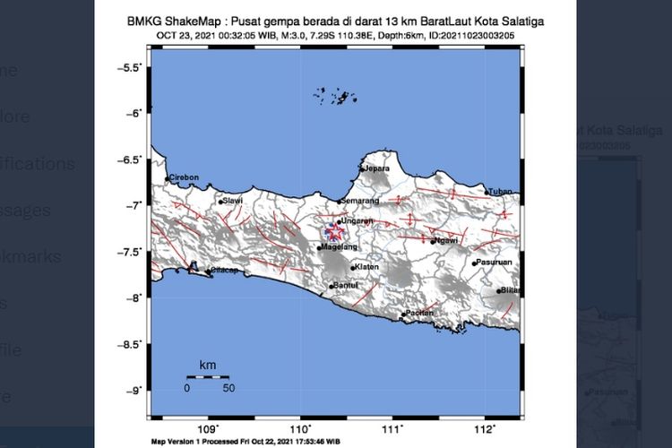 Tangkapan layar akun Twitter @InfoBMKG, Gempa Salatiga. Gempa Terkini, gempa Salatiga berkekuatan M 3,0 sudah terjadi 7 kali gempa susulan.