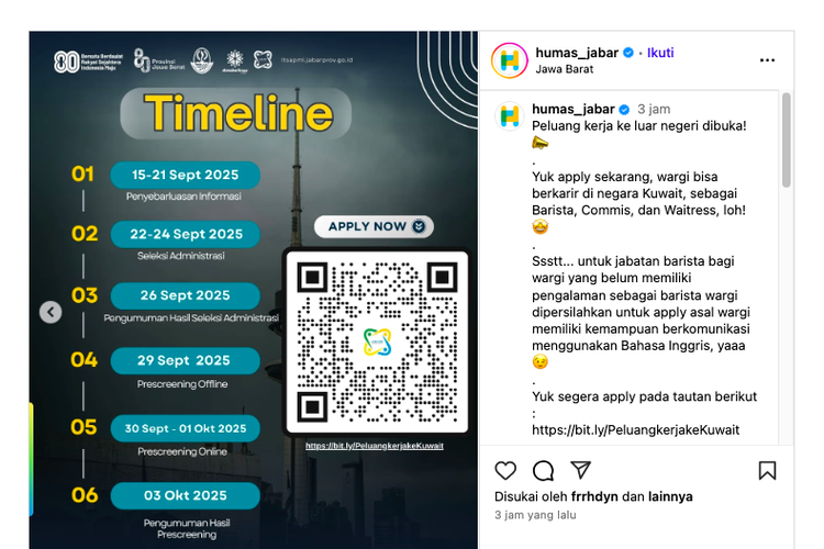 Pemprov Jabar buka lowongan kerja ke Kuwait untuk barista, waitress, dan commis dengan gaji Rp 8?10 juta.