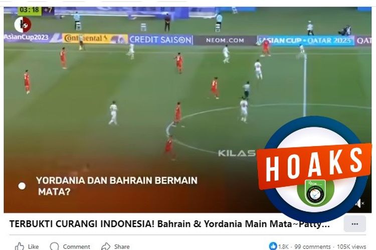 Tangkapan layar Facebook narasi yang menyebut Bahrain dan Yordania terbukti main mata mencurangi Indonesia di Piala Asia 2023