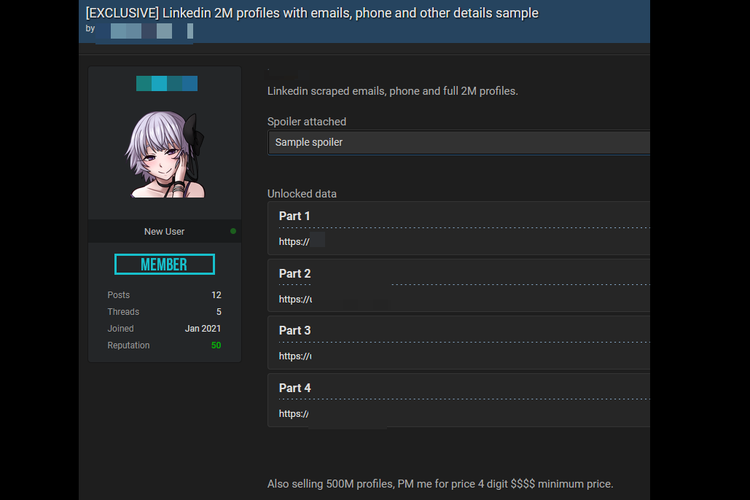 Tangkapan layar situs forum hacker online yang mengklaim menjual akun data pengguna LinkedIn.