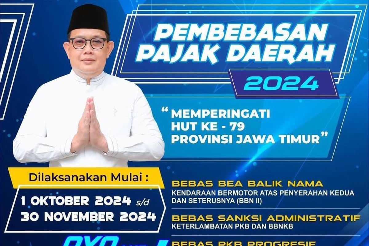 Jawa Timur mengadakan program pemutihan pajak kendaraan bermotor mulai 1 Oktober 2024