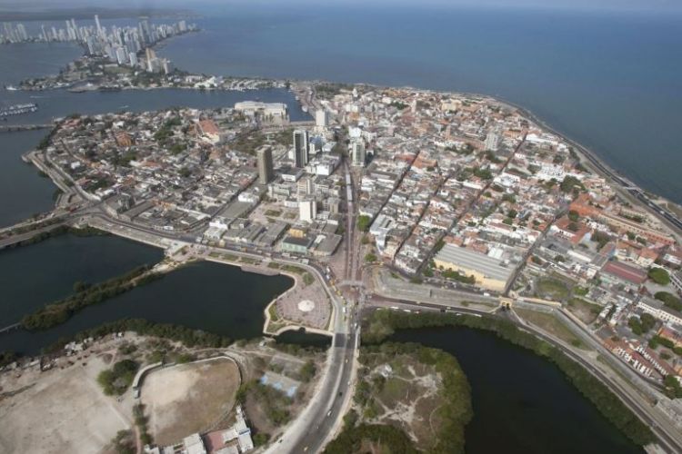 Pemandangan dari udara pelabuhan era kolonial di Cartagena, Kolombia.
