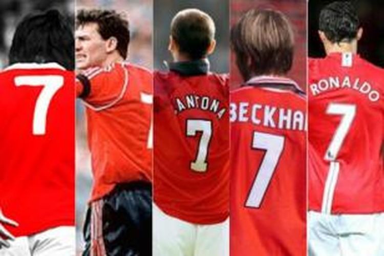 Para pemain Manchester United yang mengenakan seragam bernomor punggung 7 di Old Trafford. 