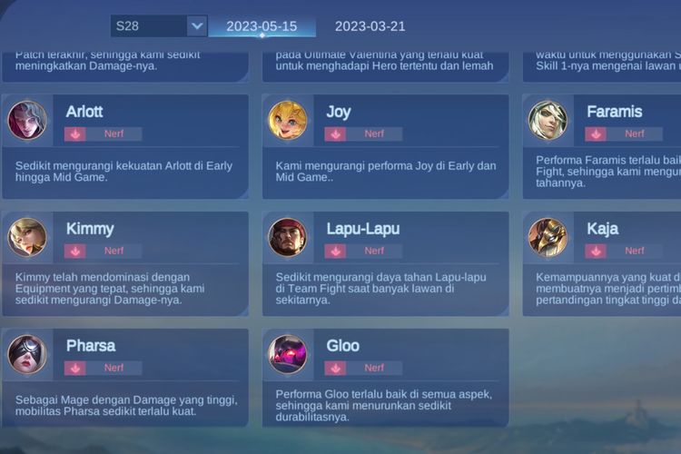 Daftar hero yang dapat nerf di Mobile Legends 1.7.82.