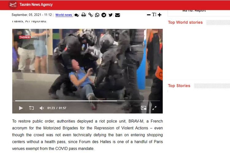 Tangkapan layar laman Tasneem tentang wanita dipukuli polisi Perancis