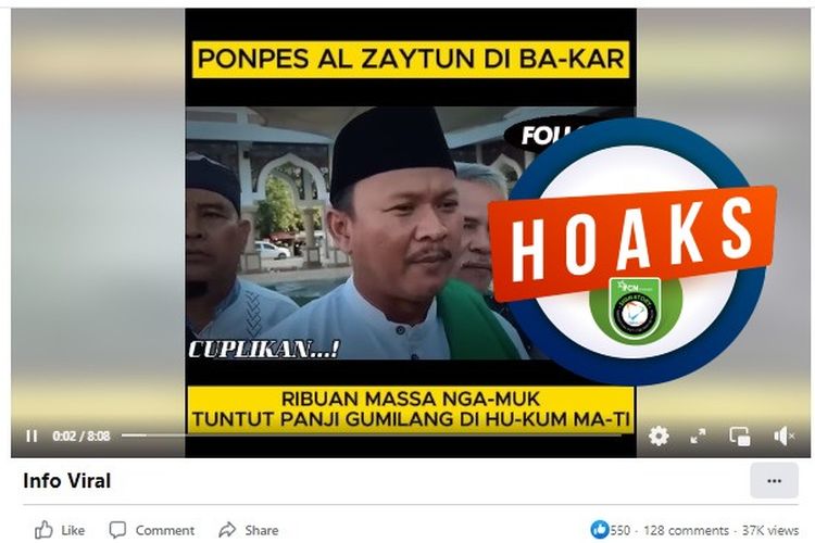 Tangkapan layar Facebook narasi yang menyebut ribuan massa mengamuk dan membakar Ponpes Al Zaytun