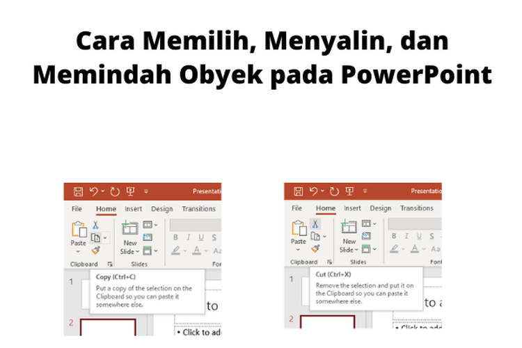 Adapun kegiatan yang bisa dilakukan pada slide di PowerPoint, seperti menyalin, memindah, atau memformat obyek.