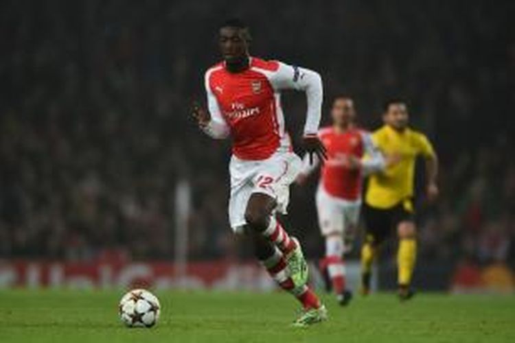 Salah satu aksi penyerang Arsenal Yaya Sanogo, pada pertandingan kelima Grup D Liga Champions melawan Borussia Dortmund, di Emirates Stadium, London, Rabu (26/11/2014).