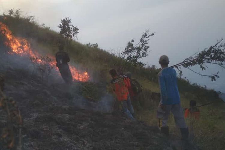 Petugas berusaha memadamkan api di kawasan lereng Gunung Penanggungan, di wilayah Trawas, Kabupaten Mojokerto, Jawa Timur, Minggu (28/8/2022).