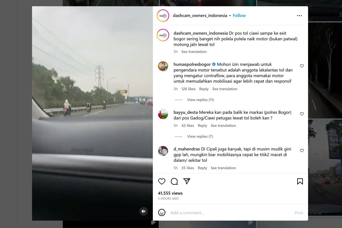 Video viral di media sosial memperlihatkan sejumlah anggota polisi masuk ke jalan tol.