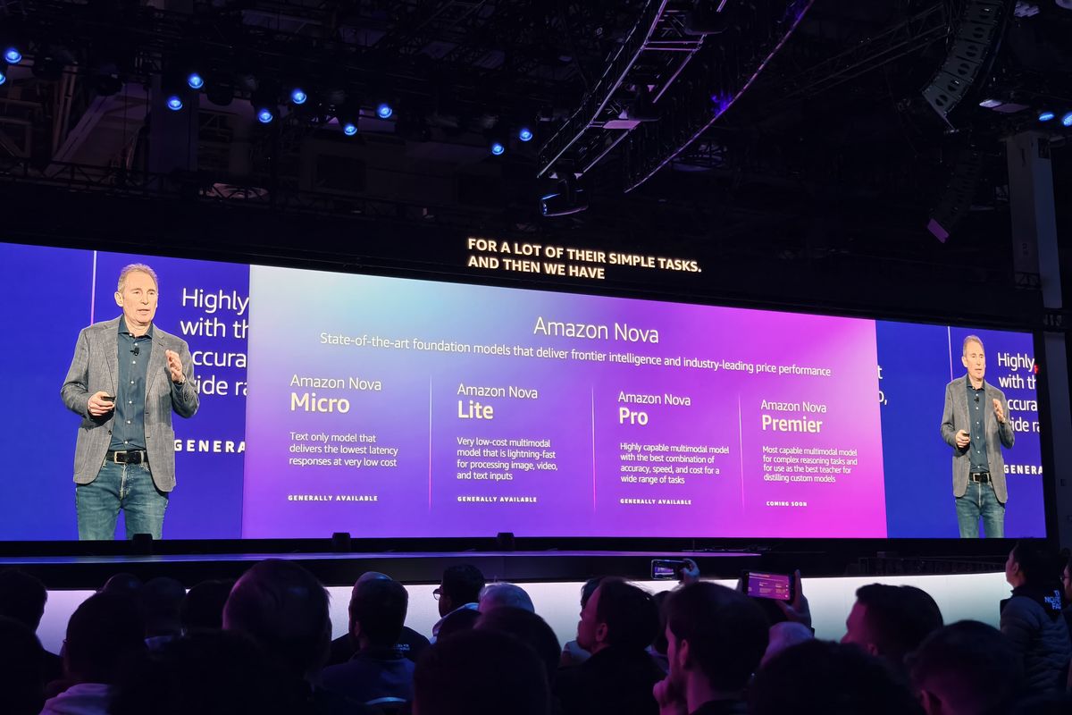 CEO Amazon hadir sebagai tamu spesial di acara AWS re:Invent 2024 yang berlangsung di Las Vegas, Nevada, AS, Selasa (3/12/2024). Dalam acara ini, ia juga mengumumkan serangkaian model generative AI multimodal baru bernama Amazon Nova.