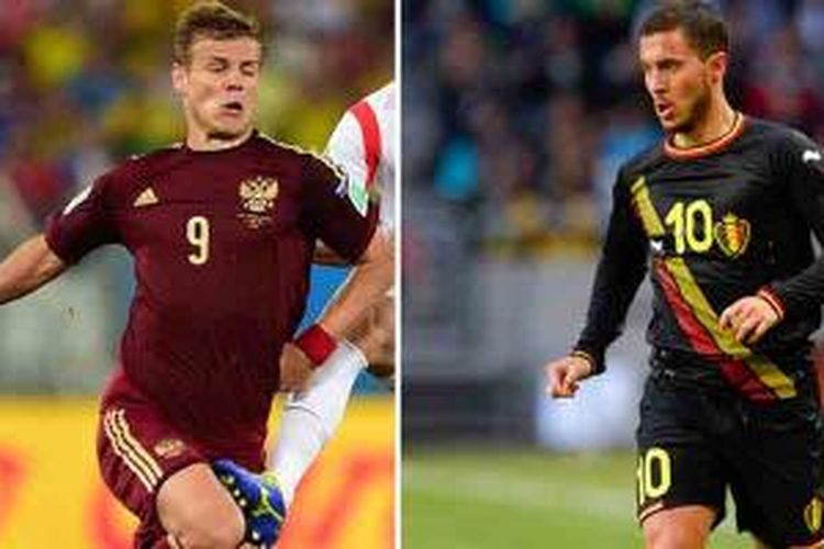 Kombinasi foto yang memperlihatkan penyerang Rusia, Alexander Kokorin (kiri), ketika beraksi di Cuiaba pada 17 Juni 2014, dan striker Belgia, Eden Hazard, dalam aksinya di Solna pada 1 Juni 2014.